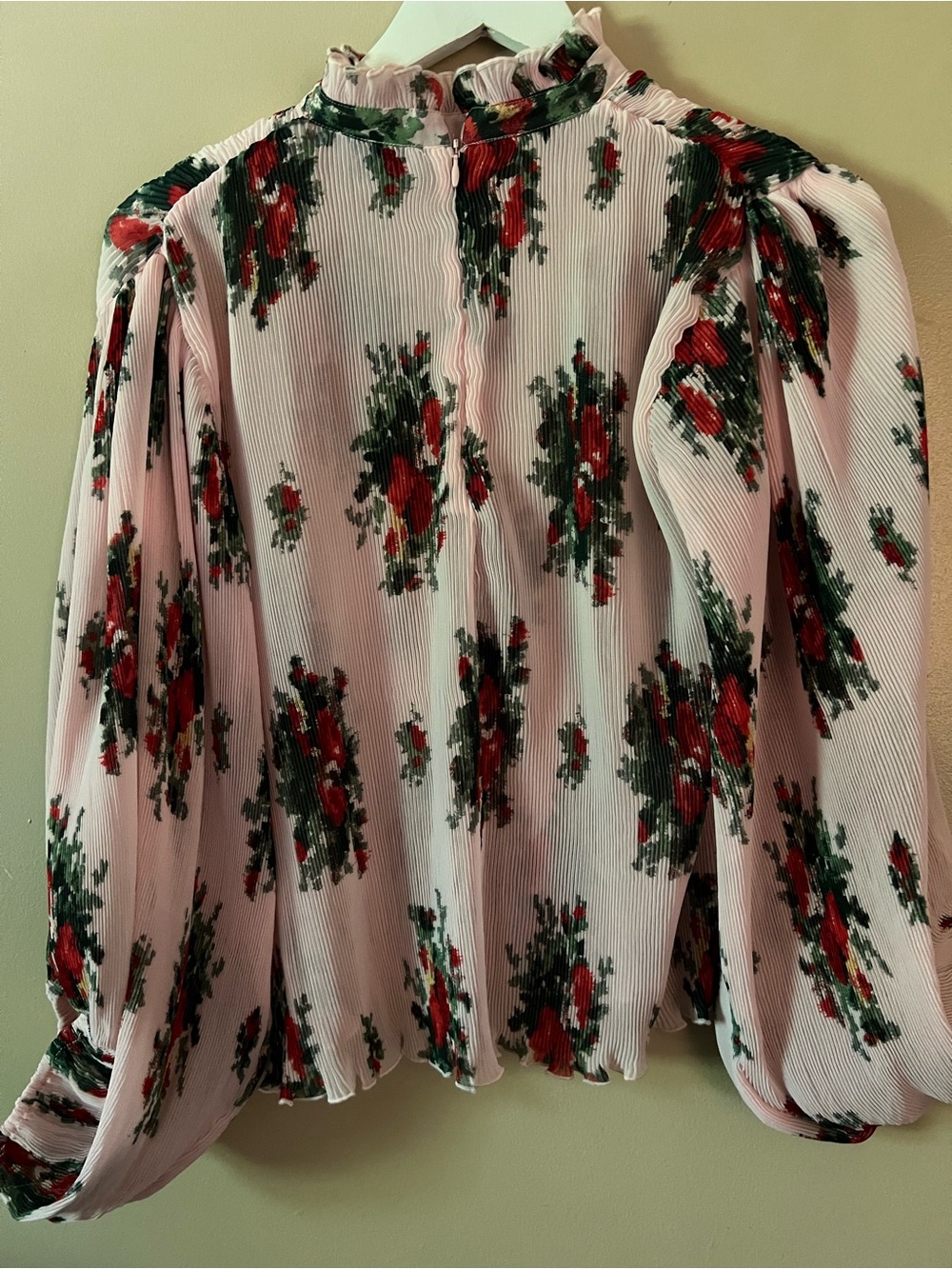 Ganni Pink Floral Ruffle Mock Neck feminine georgette bohemian balloon sleeve co - Picture 7 of 9